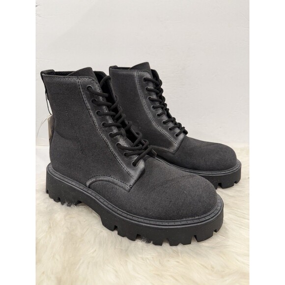 Zara Men Lace-Up Black Canvas Chunky Lug Style Boots Distressed US 10 EUR 43 NWT - Picture 2 of 11